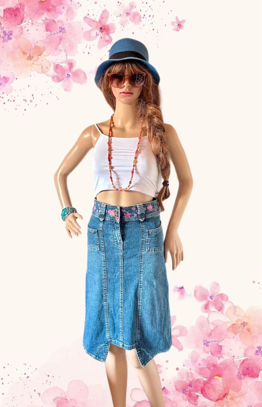 🦋Jupe en jean brodée vintage 2000 Y2K boho folk hippie cottage floral embroidery denim skirt 34/36🌸 – photo 2